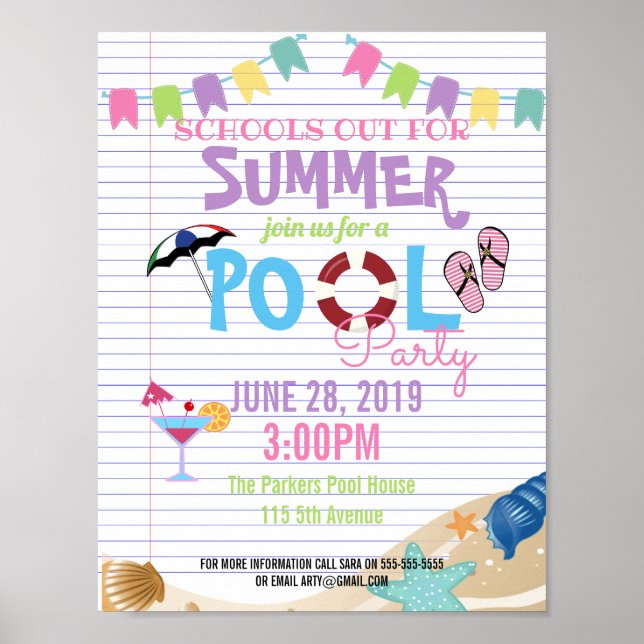 Sommarklass bassäng party skolor ut i slutet av år poster (Framsidan)