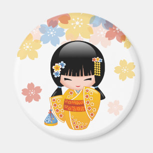 SommarKokeshi docka - gul KimonoGeishaflicka Magnet