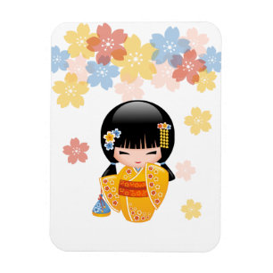 SommarKokeshi docka - gul KimonoGeishaflicka Magnet
