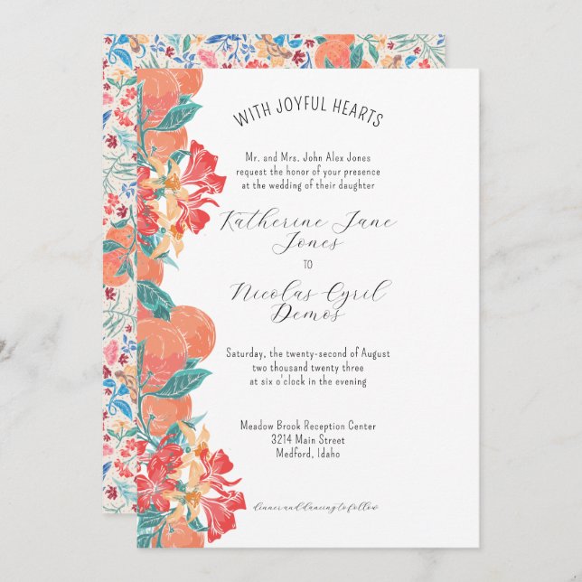 Sommarkorallfrukt och Flora Watercolor Mönster Inbjudningar (Fram/baksida)