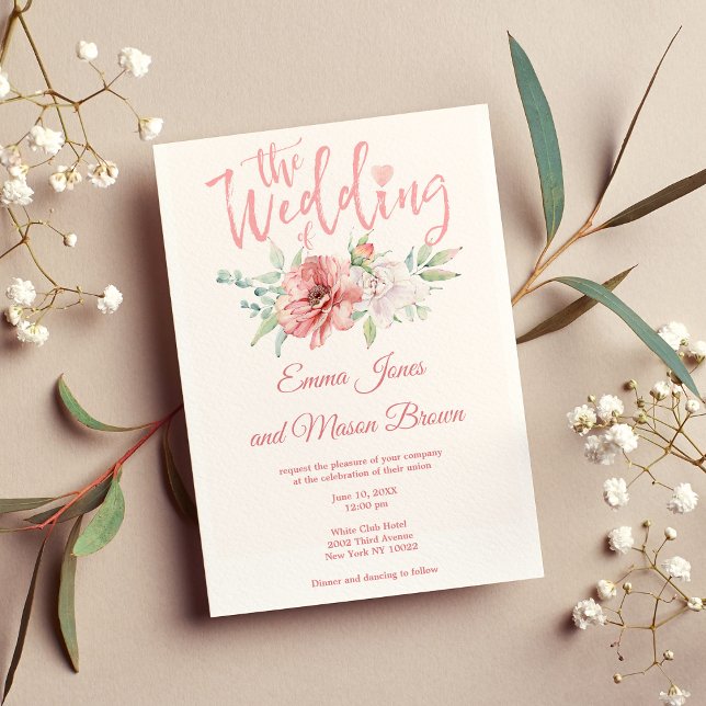 Sommarkorallmint, blommigt, Bröllop Inbjudningar (Summer pink coral mint floral typography Wedding )