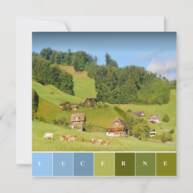 Sommarlandskap i Schweiz med platta kort (Framsida)