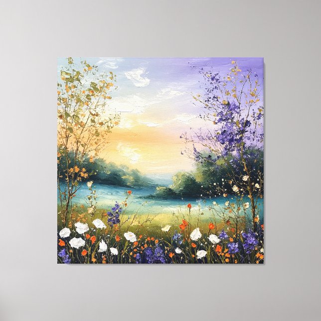 Sommarlandskap med vilda blommor och träd canvastryck (Framsida)