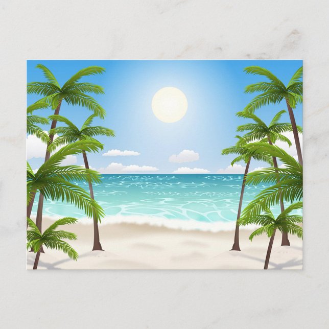 Sommarlandskap Vykort (A cartoon illustration of a tropical beach scene, featuring a bright blue sky with a radiant sun.)