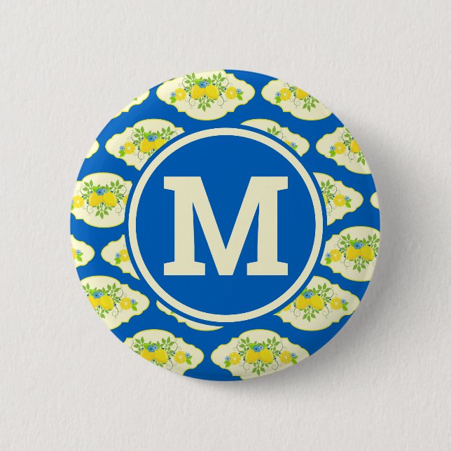 Sommarlik Blå Och Gul Citron Blommig Mönster Knapp (Framsida)