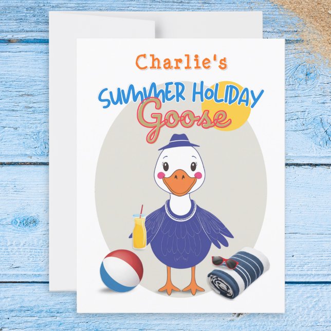 Sommarlov Galen Anka Söt Tecknad Retro Vykort (A colorful postcard in retro style, featuring a 'Summer Holiday Goose' ready for its beach vacation)