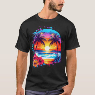 Sommarlov Strand Palmträd Hibiskus Blommor T Shirt