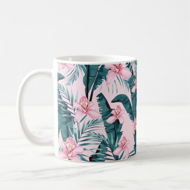 Sommarmålning i tropik sömlös mönster med handflat kaffemugg (Vänster)