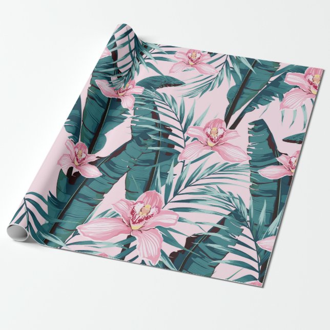 Sommarmålning i tropik sömlös mönster med handflat presentpapper (Utrullad)