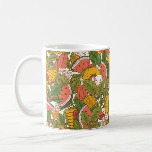 Sommarmat, sömlös mönster. Sanwiches, glass  Kaffemugg (Vänster)