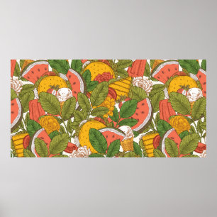 Sommarmat, sömlös mönster. Sanwiches, glass  Poster
