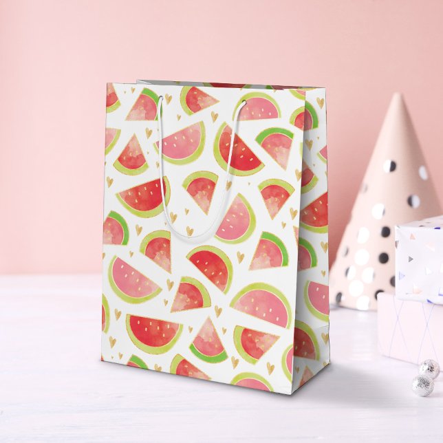 Sommarmelon Slices & Guld Heart Mönster (Watermelon & Hearts Pattern Gift Bag)