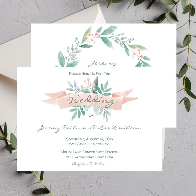 Sommarmjuk inbjudan till Rosa bröllop (Summer Soft Pink, Green Wedding Invitation)