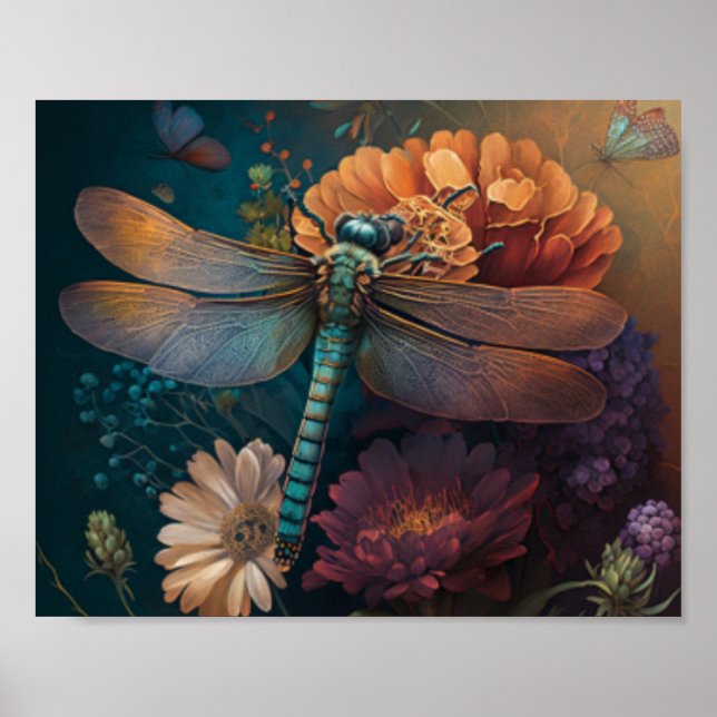 Sommarnatt, Midnight Dragonfly Flower Poster (Framsidan)