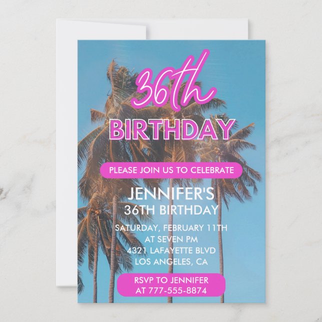 Sommarpalm Tropisk Rosa 36-årsdag Inbjudningar (Framsida)