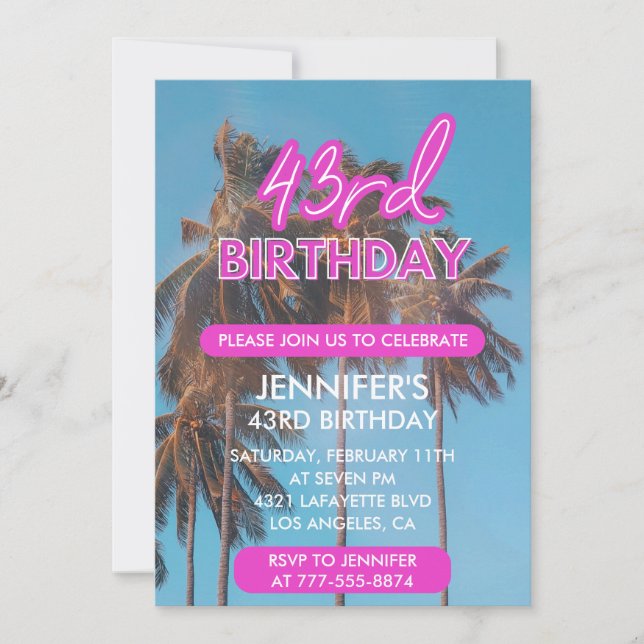Sommarpalm Tropisk Rosa 43-årsdag Inbjudningar (Framsida)
