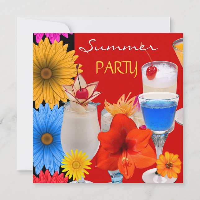 Sommarpartydrinkar Cocktaildrycker Röda Blå Gula Inbjudningar (Framsida)