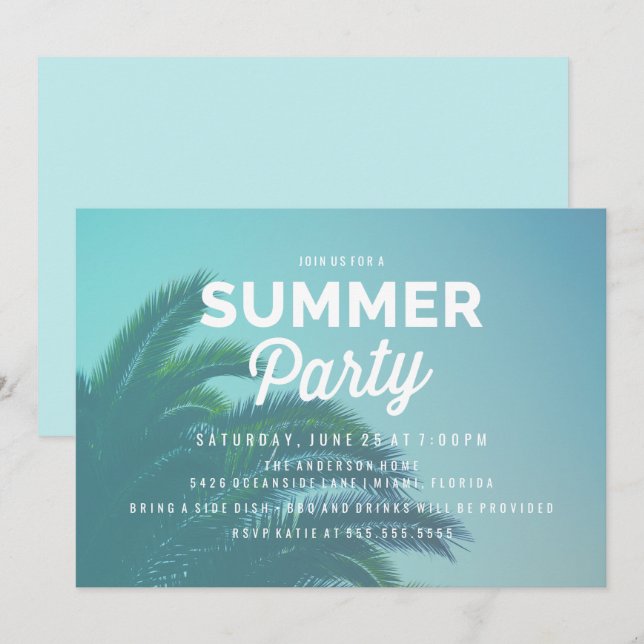 Sommarpartysnödrop med palmer inbjudningar (Fram/baksida)