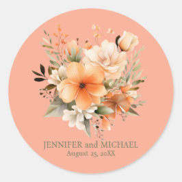 Sommarpersika och Grönt Blommigt Bröllop Runt Klistermärke
