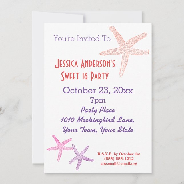 Sommarpersika Tropical Starfish Sweet 16 Birthday Inbjudningar (Framsida)