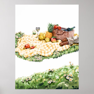 Sommarpiknik på ängen Vattenfärgskonsttryck Poster