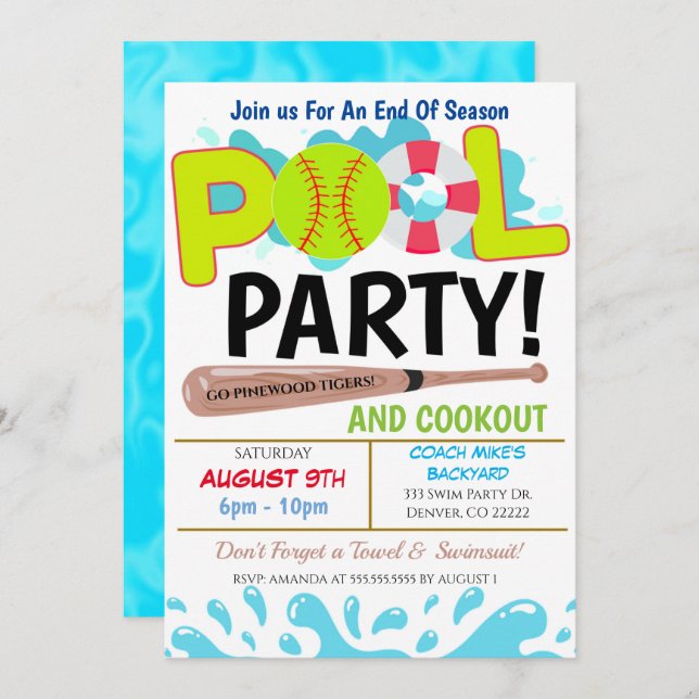 Sommarpool Softboll Party Inbjudan (Fram/baksida)