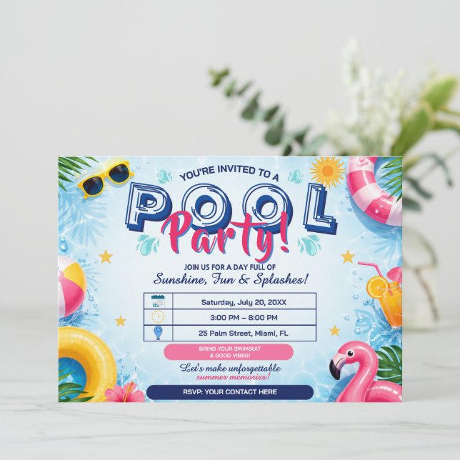 Sommarpoolparty Ljust Rolig Redigerbar Inbjudan (Stående Fram)