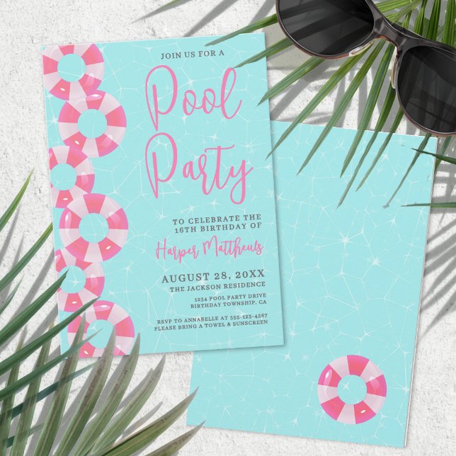 Sommarpoolparty Rosa Söt 16-årsfest Inbjudningar (Summer Pool Party Pink Sweet 16 Birthday Invitation )