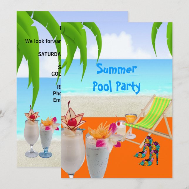 Sommarpoolstrandfestcocktails Tropisk strand Inbjudningar (Fram/baksida)