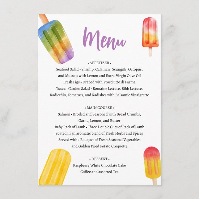 Sommarpopsicle Bokar for Baby Shower Menu Tilläggskort (Framsida)