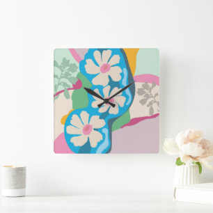Sommarprydnader Färgblock Modern blomster Fyrkantig Klocka