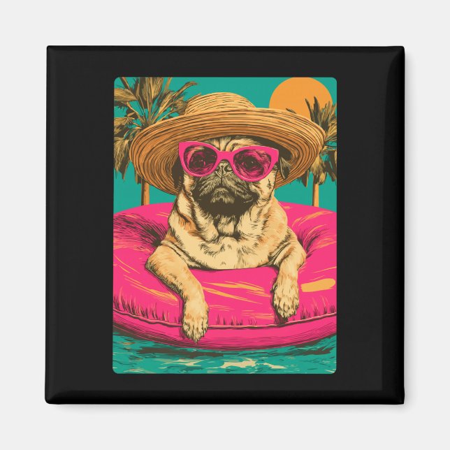Sommarpug med solglasögon söt hund tropisk pool magnet (Framsidan)