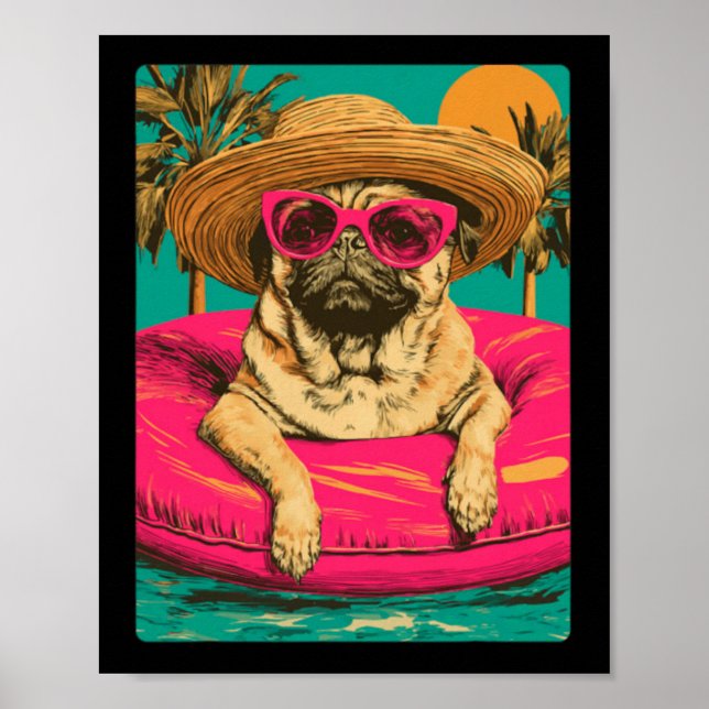 Sommarpug med solglasögon söt hund tropisk pool poster (Framsidan)