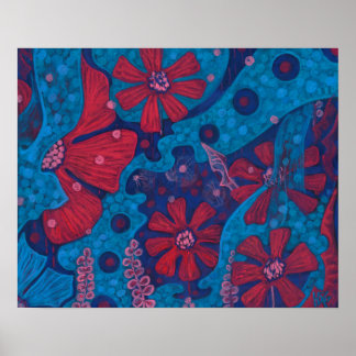 Sommarrain Fantasy Flowers Blue Rosa Blommigt Art Poster