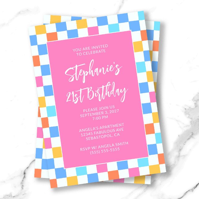Sommarregnbåge i rutor fet stil 21-årsdag inbjudningar (Summer Rainbow Check Bold 21st Birthday Invitation)