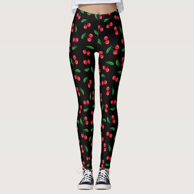 Sommarröda körsbär på Black Fruit Patterned Leggings (Framsida)