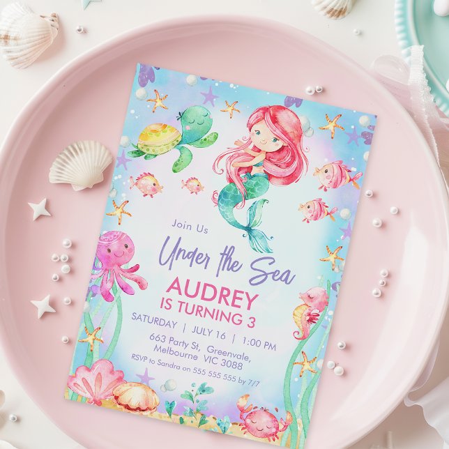 Sommarrödhårig Sjöjungfru under Havsdagen Inbjudningar (Under the Sea Birthday Invitation Any age, Red Hair Mermaid Birthday Invitation Girl, Sea Creatures)
