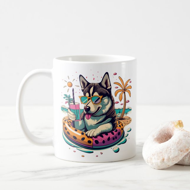 SommarRoligt med Cute Coola Husky Hund i Bassäng Kaffemugg (Med munk)