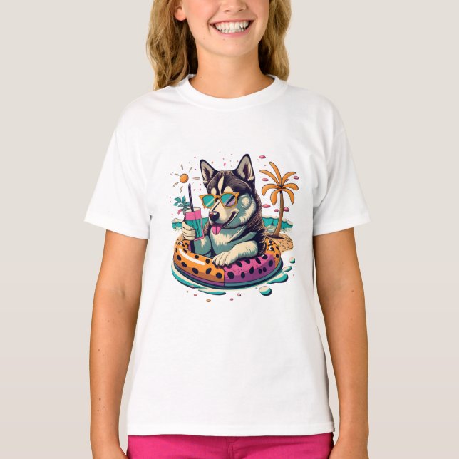 SommarRoligt med Cute Coola Husky Hund i Bassäng T Shirt (Framsida)
