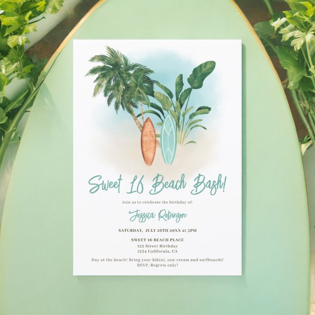 SommarRoligt Tropical Surfa Sweet 16 Beach Bash Inbjudningar (Summer Fun Tropical Surf Sweet 16 Beach Bash Invitation)