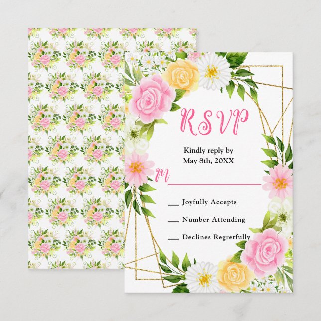 Sommarrosa och gula blommor och lövverk OSA kort (Fram/baksida)