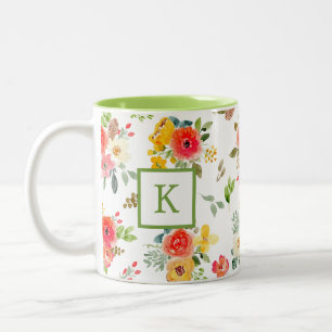 Sommars färgglada vattenfärg blomstermonogram Två-Tonad mugg