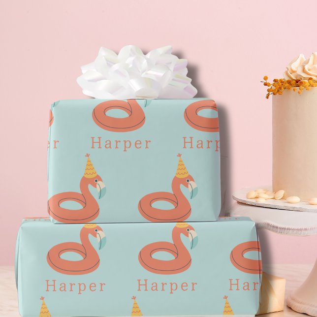 sommars flamingo flotte barn födelsedags pool fest presentpapper (flamingo birthday pool party wrapping paper personalized custom name )