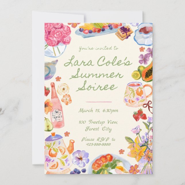 Sommarsalong Inbjudan Handritad Mat Dryck Te (Framsida)