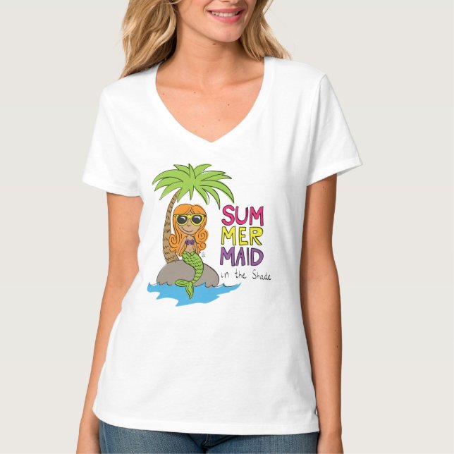 SommarSjöjungfru Cute Women's V-nacke T-Shirt Whit (Framsida)