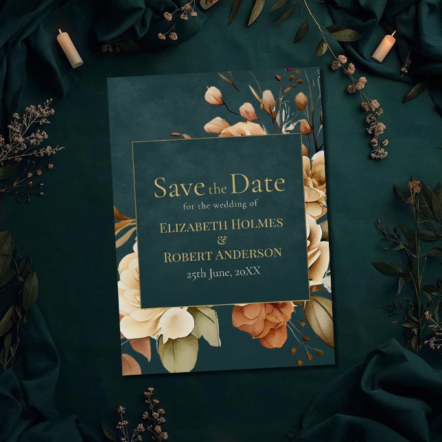 Sommarskogs Häxa Teal Spara Datum Datumet (Summer Forest Witch Teal Save the Date on a teal witchy wedding table with dry botanicals)