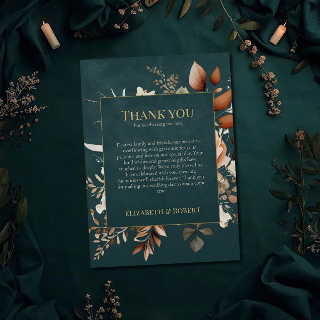 Sommarskogs Häxa Turkos Tacksamhetskort Tack Kort (Summer Forest Witch Teal Thank You Card on a teal witchy wedding table with dry botanicals)