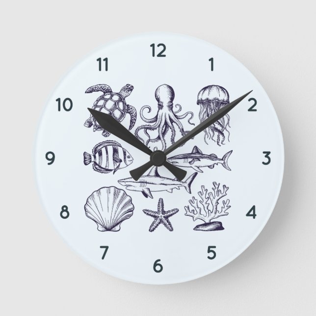 Sommarsköldpadda Fiskhaj Octopus Seashell Rund Klocka (Framsida)