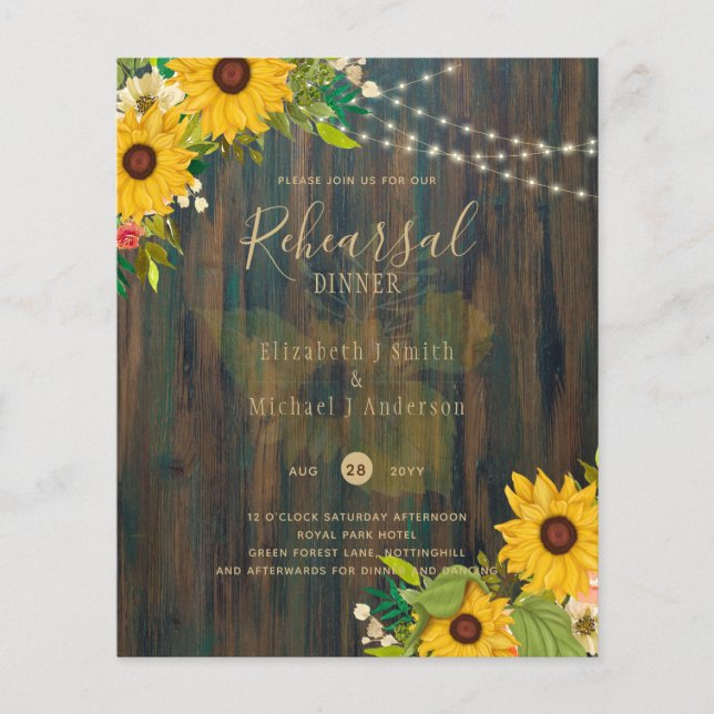 Sommarsolblommor Rustic Wood REHEARSAL DINNER Inv. (Framsida)