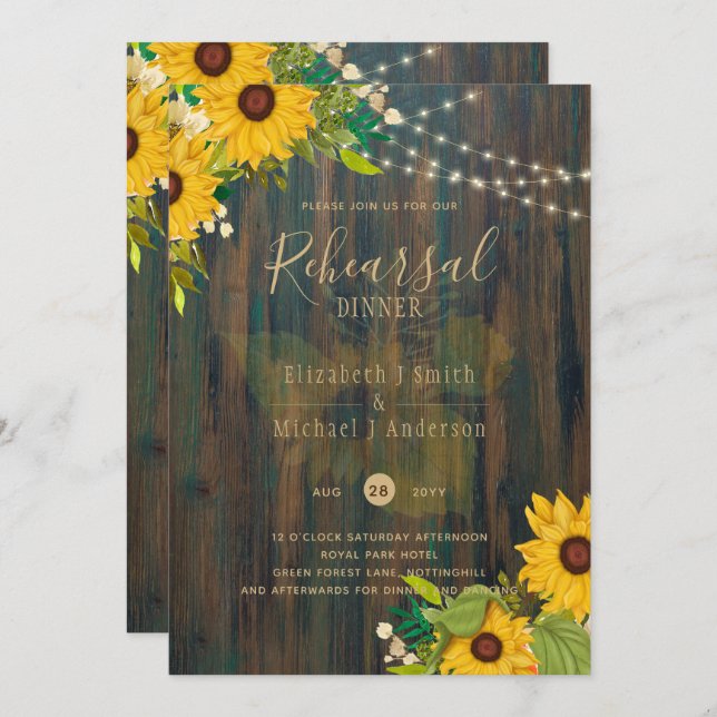 Sommarsolblommor Rustic Wood REHEARSAL DINNER Inv. Inbjudningar (Fram/baksida)